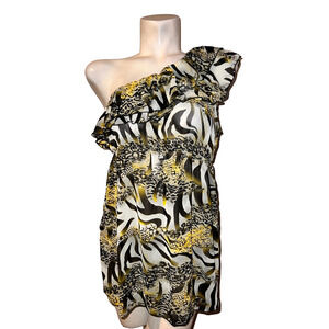 New SWEET CANDY Top Size Large Yellow Blk Nylon Black Ruffle One Shoulder Shirt